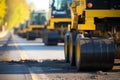 Construction site close-up: Yellow roller compacts black asphalt, transforming country road. Royalty Free Stock Photo