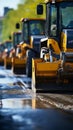 Construction site close-up: Yellow roller compacts black asphalt, transforming country road.