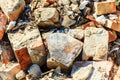 Construction site. Closeup stack of old bricks.