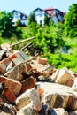 Construction site. Closeup stack of old bricks.