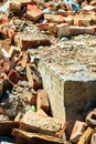 Construction site. Closeup stack of old bricks.