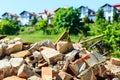 Construction site. Closeup stack of old bricks.