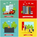 Construction site concept vector banners. Building, workers, machines, crane. Royalty Free Stock Photo