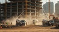 Construction site with concrete trucks and dust Royalty Free Stock Photo