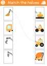 Construction site connect the halves worksheet. Building works matching game for preschool children bulldozer, concrete mixer,