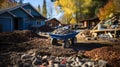 Construction site in contryside with a wheelbarrow full of stones and rubble