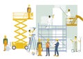 Construction site with craftsmen, architects, illustration