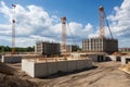 construction site with crane lifting concrete blocks in the air Royalty Free Stock Photo