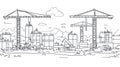 Construction Site with Cranes and Buildings - Black and White Outline Art Royalty Free Stock Photo