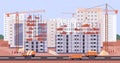 Construction site with cranes and multi-storey buildings, apartment houses. Multistory structures, block of flats, condo Royalty Free Stock Photo