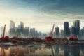 Construction site with cranes and skyscrapers, 3d render, Depressing the cityscape with the construction of new buildings, AI