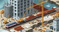 Construction Site with Cranes, Train, and Building Materials Royalty Free Stock Photo