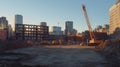 City Construction Site with Crane, Excavators, and Building Under Construction Royalty Free Stock Photo