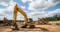 Construction Site with Yellow and Orange Excavators Digging in Sandy Soil Under a Cloudy Sky Royalty Free Stock Photo
