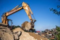 Construction site digger, excavator and bulldozer. industrial machinery on building site