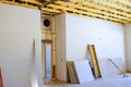 Construction site with drywall installation in progress at modern building Royalty Free Stock Photo