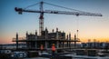 Construction Site At Dusk Depicting A Tower Crane And Structures Against An Orange And Blue Sky Workers And Building Materials Royalty Free Stock Photo