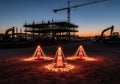 construction site during dusk features three illuminated traffic Royalty Free Stock Photo