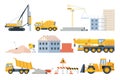 Construction site elements. Material piles, sand and pipes, brick building and machinery. Cement mixer truck, bulldozer and crane