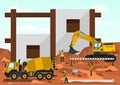Construction site. Employees performing the construction of the building. Special equipment. Excavator, concrete mixer