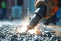 Construction site energy, Close-up of workers using jackhammer to break concrete Royalty Free Stock Photo