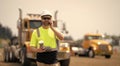 construction site engineer man talk on phone at coffee lunch break, copy space banner Royalty Free Stock Photo