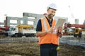 Construction Site Engineer Working Blueprint Royalty Free Stock Photo