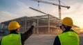 Construction Site Engineers Surveying Structural Framework During Golden Hour with Construction Crane and Blue Sky Background Royalty Free Stock Photo