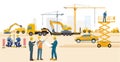 Construction site with excavator, architect and heavy truck illustration