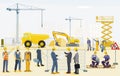 Construction site with excavator, handyman and architect illustration
