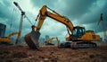 Construction site with excavators, cranes. Heavy machinery working. Engineering, infrastructure development. Building new Royalty Free Stock Photo