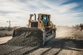 A construction site features a large bulldozer moving a pile of rubble generative ai Royalty Free Stock Photo