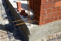 A construction site features a newly built brick wall with visible rebar bars extending from the concrete foundation. Royalty Free Stock Photo