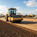 Site features a yellow road roller compacting soil on a wide Royalty Free Stock Photo