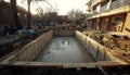 construction workers preparing a concrete foundation for a new building in an urban residential neighborhood during daytime Royalty Free Stock Photo