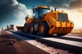 At the construction site, a fresh layer of asphalt road pavement is being laid, accompanied by bustling road construction workers