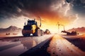 At the construction site, a fresh layer of asphalt road pavement is being laid, accompanied by bustling road construction workers