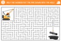 Construction site geometrical maze for kids with road repairing worker, special car. Building preschool printable activity. Royalty Free Stock Photo