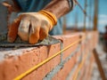 Construction Site, Gloved Hands Are Applying Mortar to Orange Bricks Royalty Free Stock Photo
