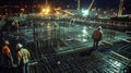 A construction site glows in the night the workers reflective gear creating a network of safety as they work together to Royalty Free Stock Photo