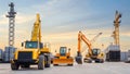 Construction site with heavy equipment loaders and cranes at sunset Royalty Free Stock Photo