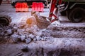 The construction site, highway building with industrial the road drilling machine are Digging road surface for road repairing Work