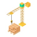 Construction site icon isometric vector. Big construction crane near wood pallet