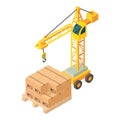 Construction site icon isometric vector. Big construction crane near wood pallet