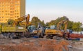 Poland Ostrowiec Swietokrzyski September 7, 2023 at 18:01. Powerful excavators: Liebherr, etc. on the construction site .