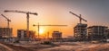 The construction site illuminated by the vibrant sunset sky and towering cranes. AI generated image Royalty Free Stock Photo