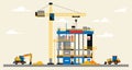 Construction site illustration. Building under construction. Heavy machinery work on site, excavator and tractor, large