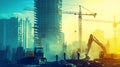 Construction Site Illustration: Urban Skyline, Heavy Machinery, and Workers Royalty Free Stock Photo
