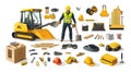 Construction Site Illustration Yellow Machinery Worker Tools Royalty Free Stock Photo