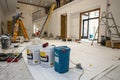 Construction site interior with tools and paint buckets Royalty Free Stock Photo